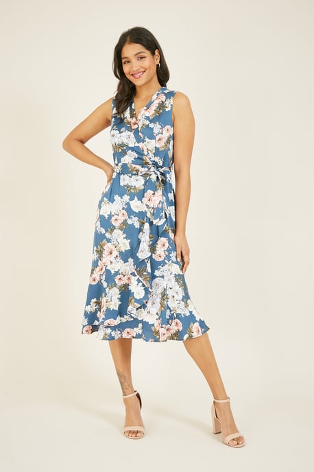 Mela Floral Satin Wrap Effect Midi Dress - Image 1