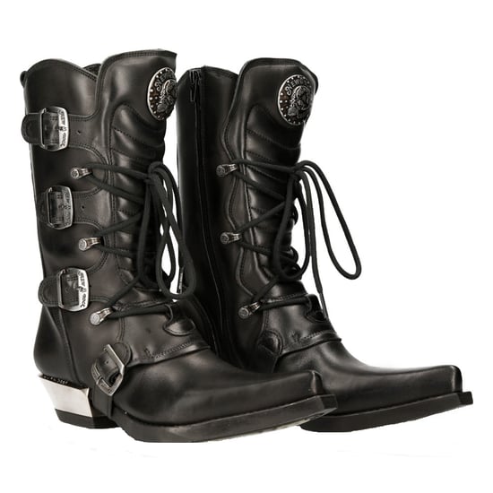 New Rock Black Leather Cowboy Buckle Boots- M-7993-S1