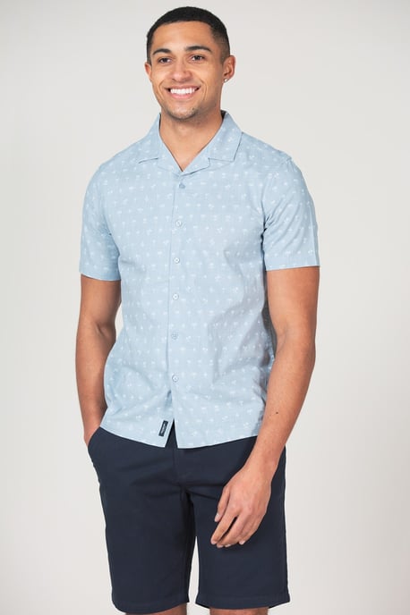 Blue 'Portheras' Cotton Short Sleeve Button-Up Printed Shirt
