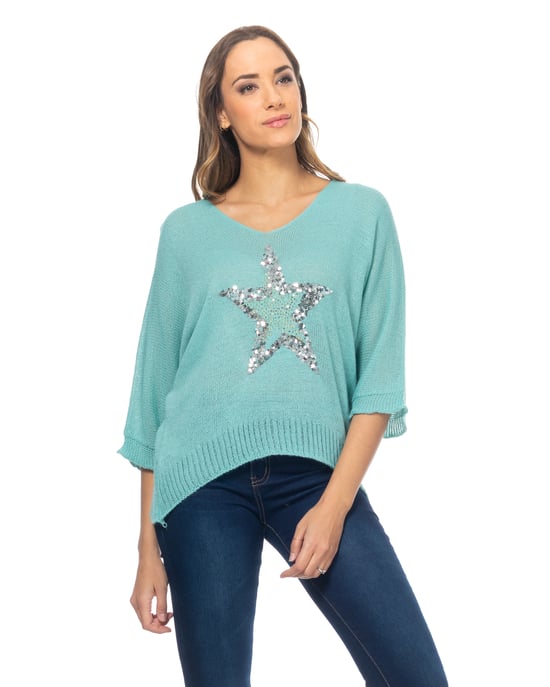 Knit Sweater With Rhinestone Star And French Sleeves - Image 1