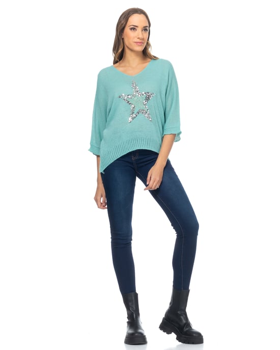 Knit Sweater With Rhinestone Star And French Sleeves - Image 4