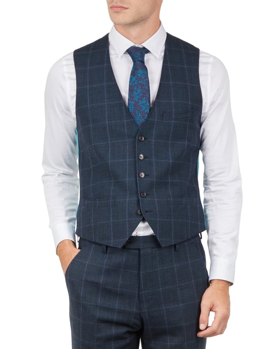 Ted Baker Afanaw Debonair Check Waistcoat, Teal Blue
