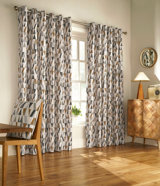 Reno Geometric Eyelet Curtains in Charocal/Gold - Image 1