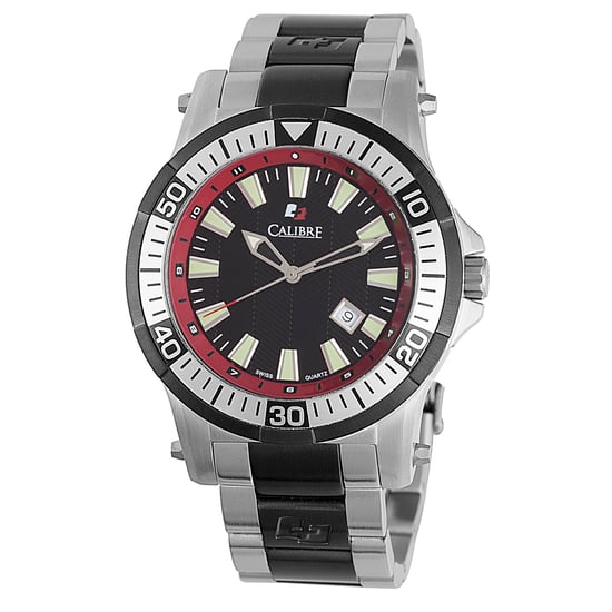 Calibre Men's Hawk Date Swiss Made Movement Watch Silver Stainless Steel Strap Black Dial - Image 1