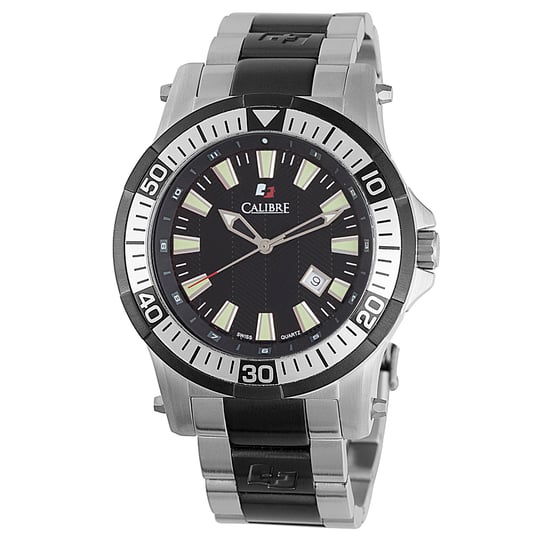 Calibre Men's Hawk Date Swiss Made Movement Watch Silver Stainless Steel Strap Black Dial - Image 1