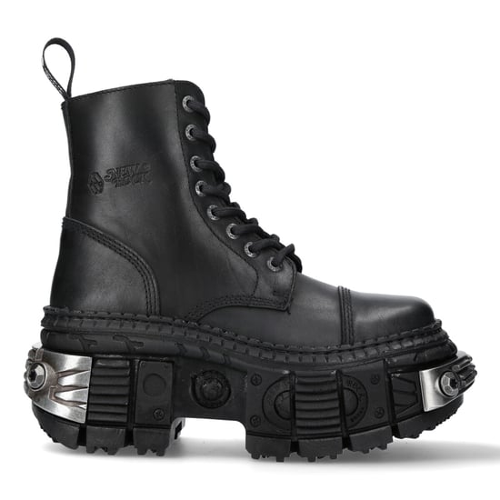 New Rock Metallic Black Leather Boots-WALL083C-S4
