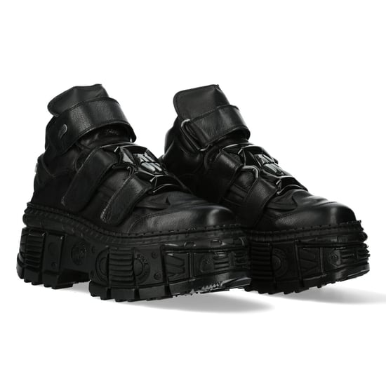 New Rock Metallic Ankle Black Leather Boots-WALL285-S2