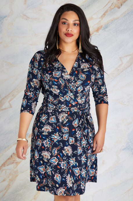 Navy Plus Size Chintz Floral Jersey Wrap Dress