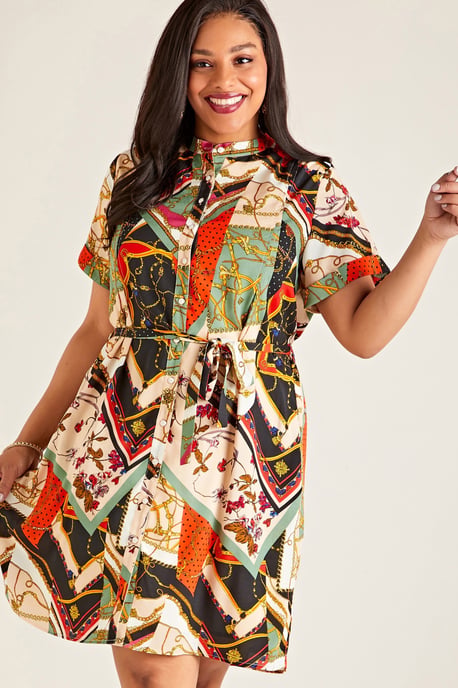 Multi Plus Size Patchwork Chain Print Shirt Dress