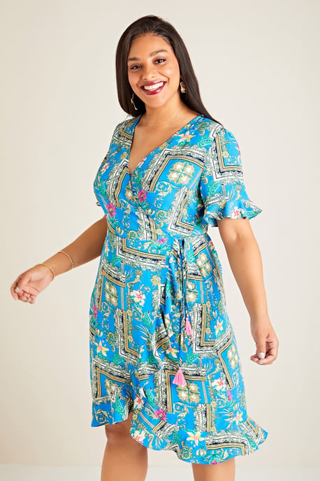 Blue Plus Size Flower Scarf Print Wrap Dress With Frill
