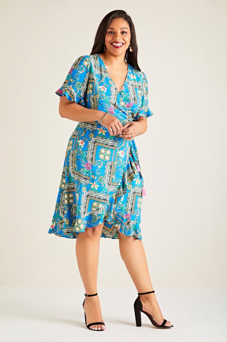 Blue Plus Size Flower Scarf Print Wrap Dress With Frill