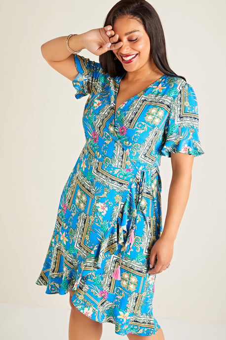 Blue Plus Size Flower Scarf Print Wrap Dress With Frill