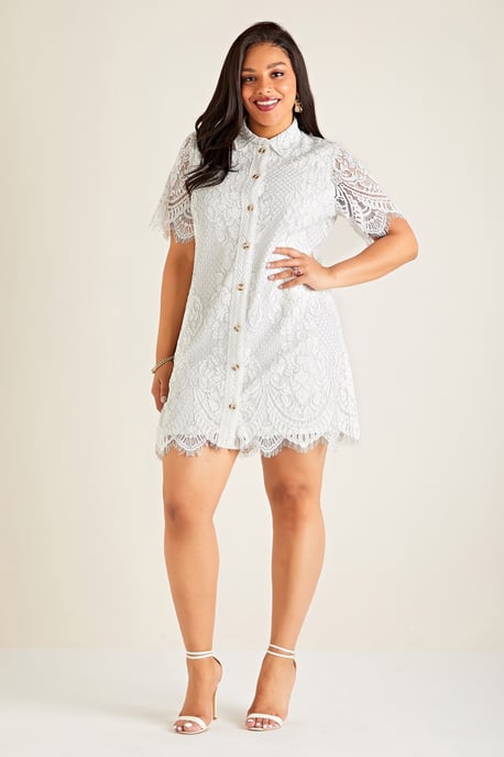 White Plus Size Corded Lace Shirt Dress