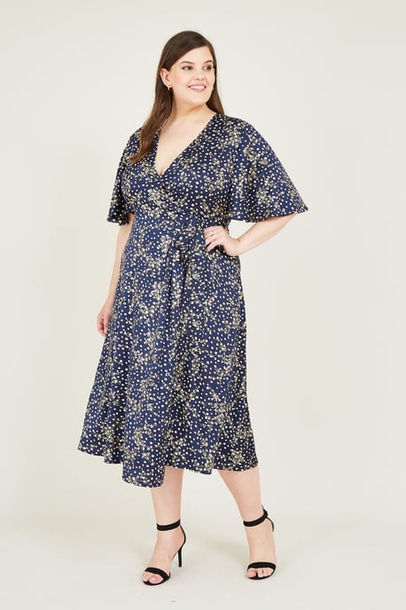 Yumi Curve  Navy Printed Foil Floral Wrap Midi Dress