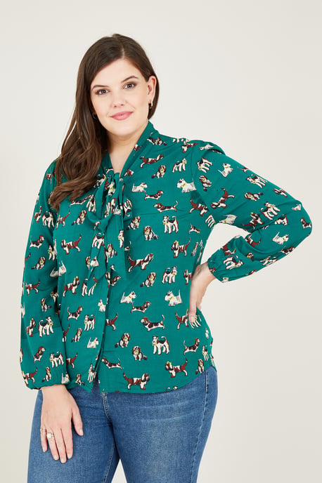 Green Cute Dog Print Pussy Bow Blouse