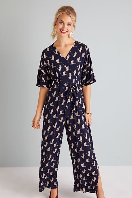 Flying Crane Print Kimono Jumpsuit