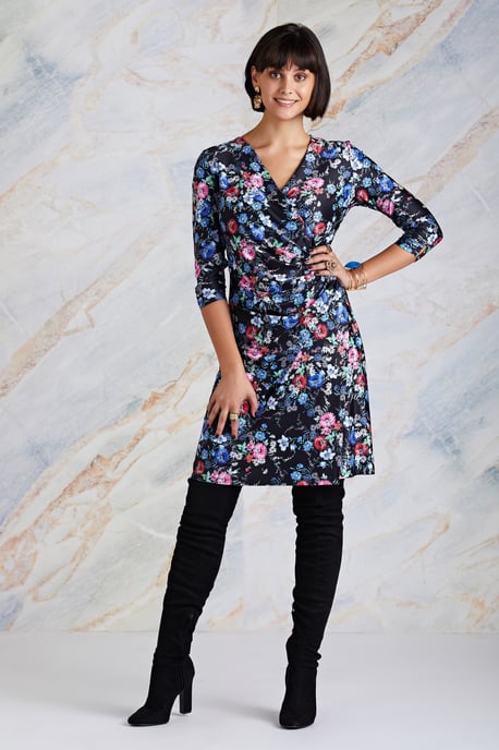 Black Midnight Daisy Print Wrap Dress