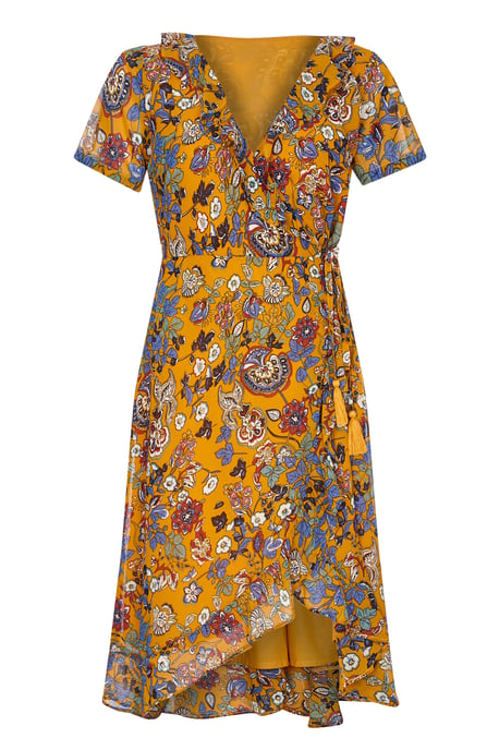 Mustard Indian Chintz Floral Wrap Dress