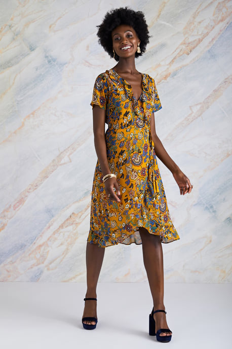 Mustard Indian Chintz Floral Wrap Dress