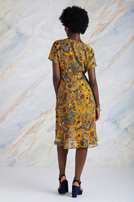 Mustard Indian Chintz Floral Wrap Dress