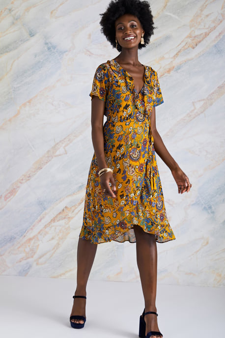 Mustard Indian Chintz Floral Wrap Dress