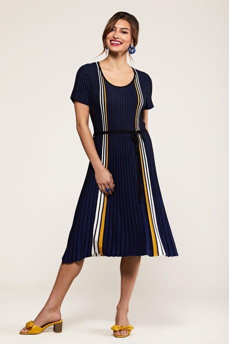 Navy Stripe Knit Pleated Dress