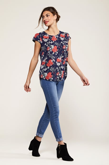 Navy Poppy Print Lace Back Top