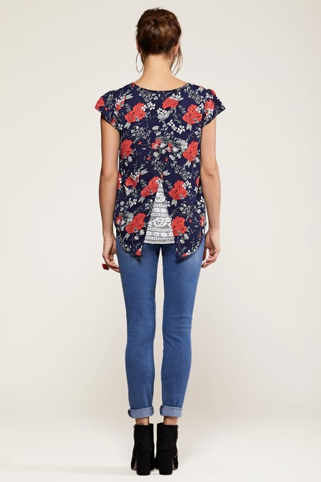Navy Poppy Print Lace Back Top