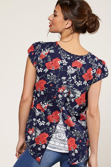 Navy Poppy Print Lace Back Top