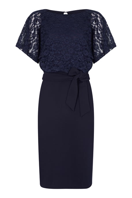 Navy Lace And Ponte Dress With Kimono Sleeves