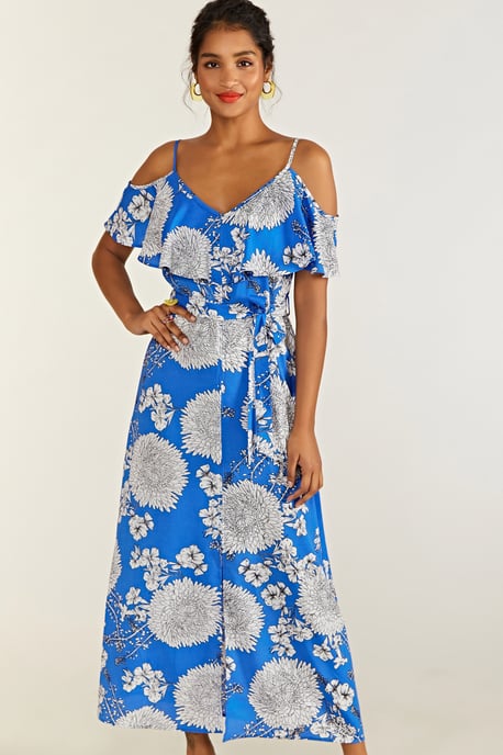Blue Floral Frill Maxi Dress