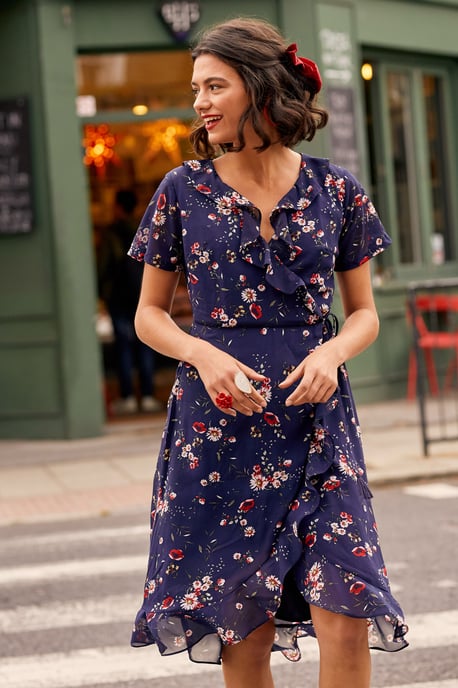 Navy Daisy Print Wrap Dress