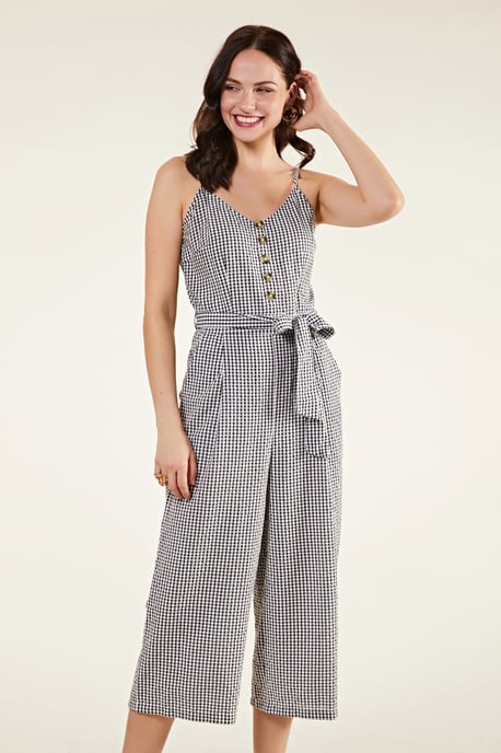 Gingham Cotton Jumpsuit With Button Deta