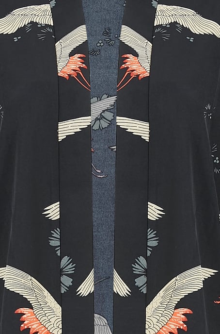 Yumi Black Crane Print Kimono