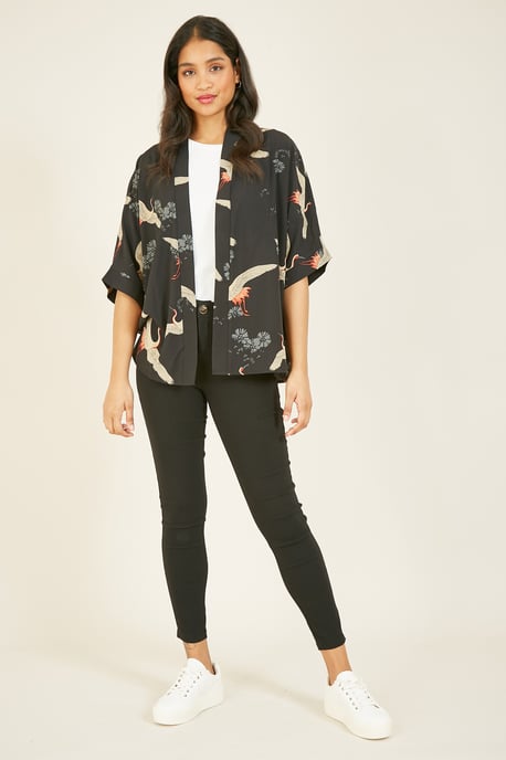 Yumi Black Crane Print Kimono