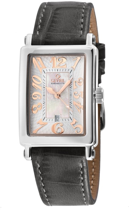 Gevril Ave of Americas Mini Women's Swiss Quartz White MOP Dial Watch, Genuine Charcoal  Handmade Leather Watch