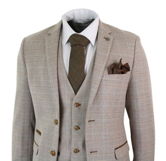 Mens 3 Piece Beige Tweed Check Vintage Retro Suit - Image 5