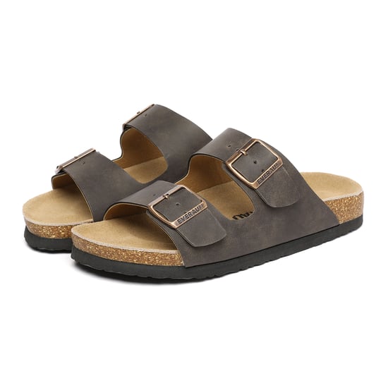 EVER AU Men Duck Leather Twin Buckle Sandals - Brown Oiled Leather