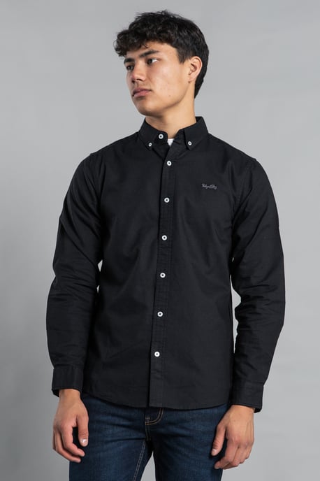 Black Cotton Long Sleeve Button-Up Oxford Shirt