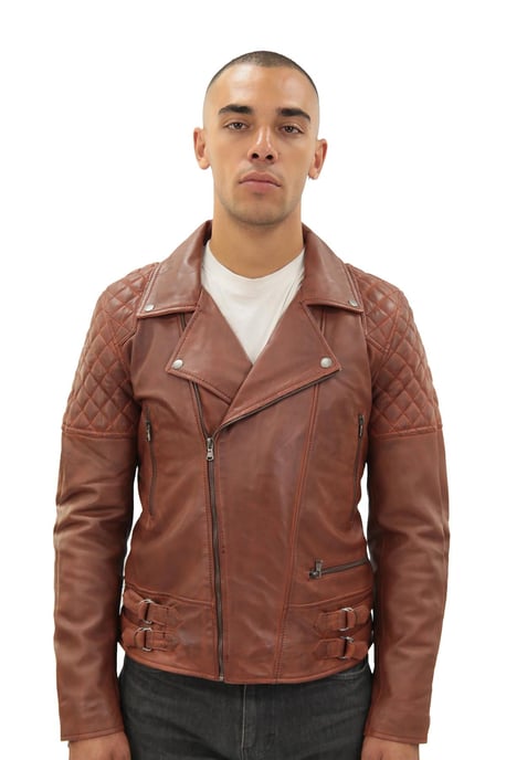 Mens Quilted Leather Biker Jacket-Bordeaux - Image 1
