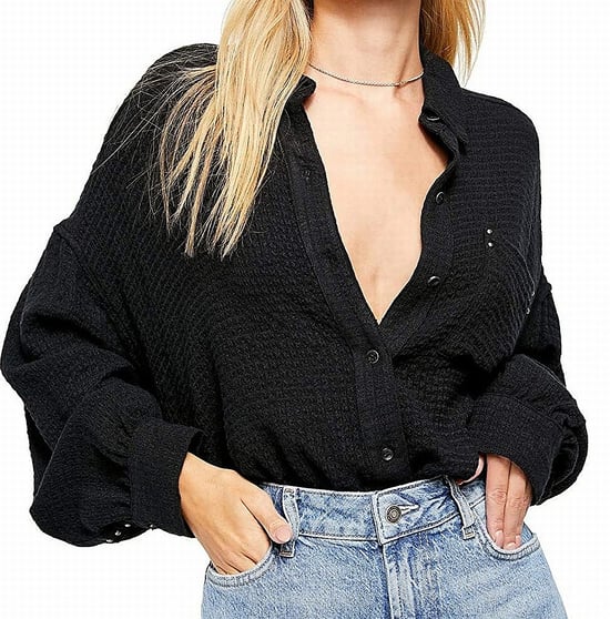 Free People Women's Button-Up Shirt Black Collared Solid