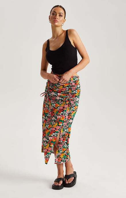 Pink Floral Ruched Midi Skirt