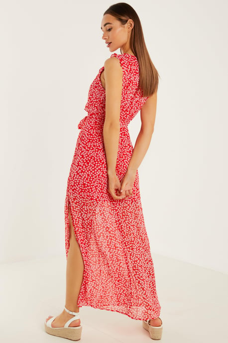 Red & White Floral Wrap Maxi Dress