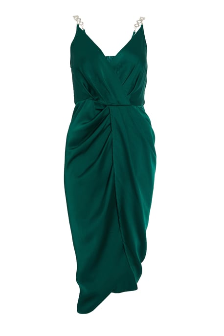 Green Satin Wrap Midi Dress
