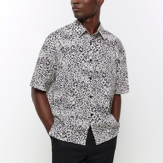 River Island Mens Shirt Grey Boxy Fit Leopard Print
