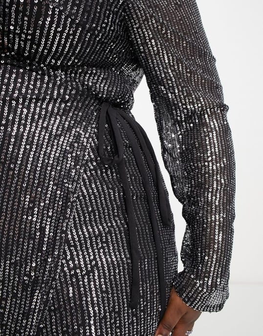 Urban Threads Plus sequin wrap over midaxi dress with batwing sleeves in black
