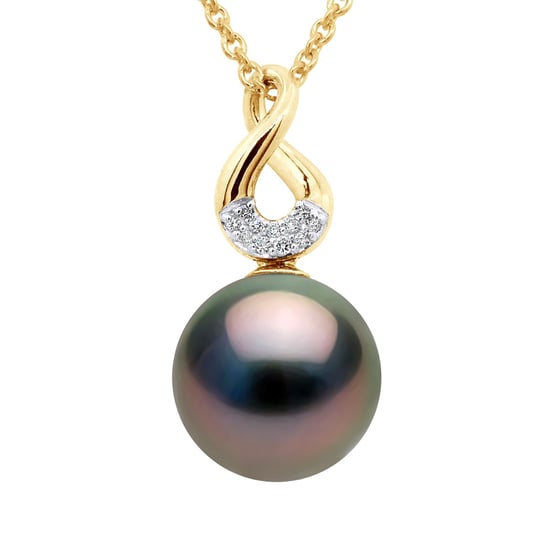 Pendant Eight Diamonds 0,03 Cts - Quality HSI - Yellow Gold - Real Cultured Tahiti Pearl Round 9-9 mm