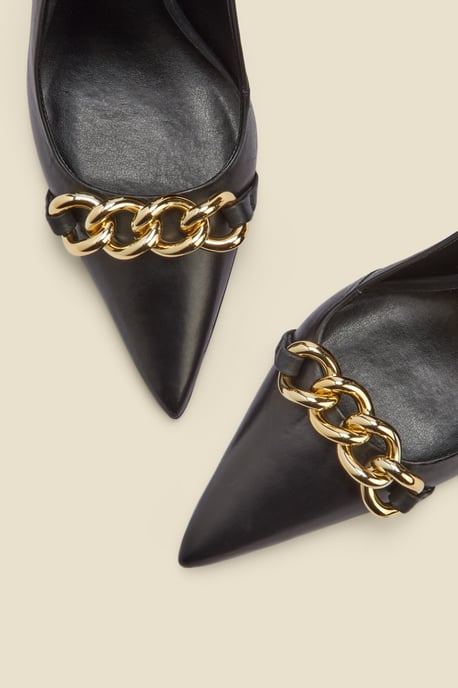 Ariana Black Leather Chain Detail Slingback Court Shoe