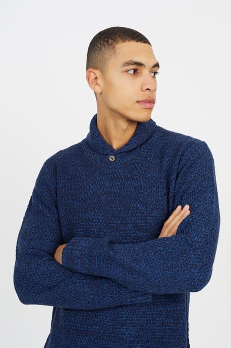 Navy Shawl Neck Textured Knit Jumper