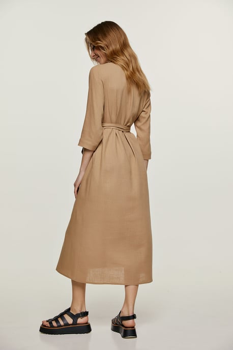 Beige linnen stijl midi jurk met ceintuur - Image 3